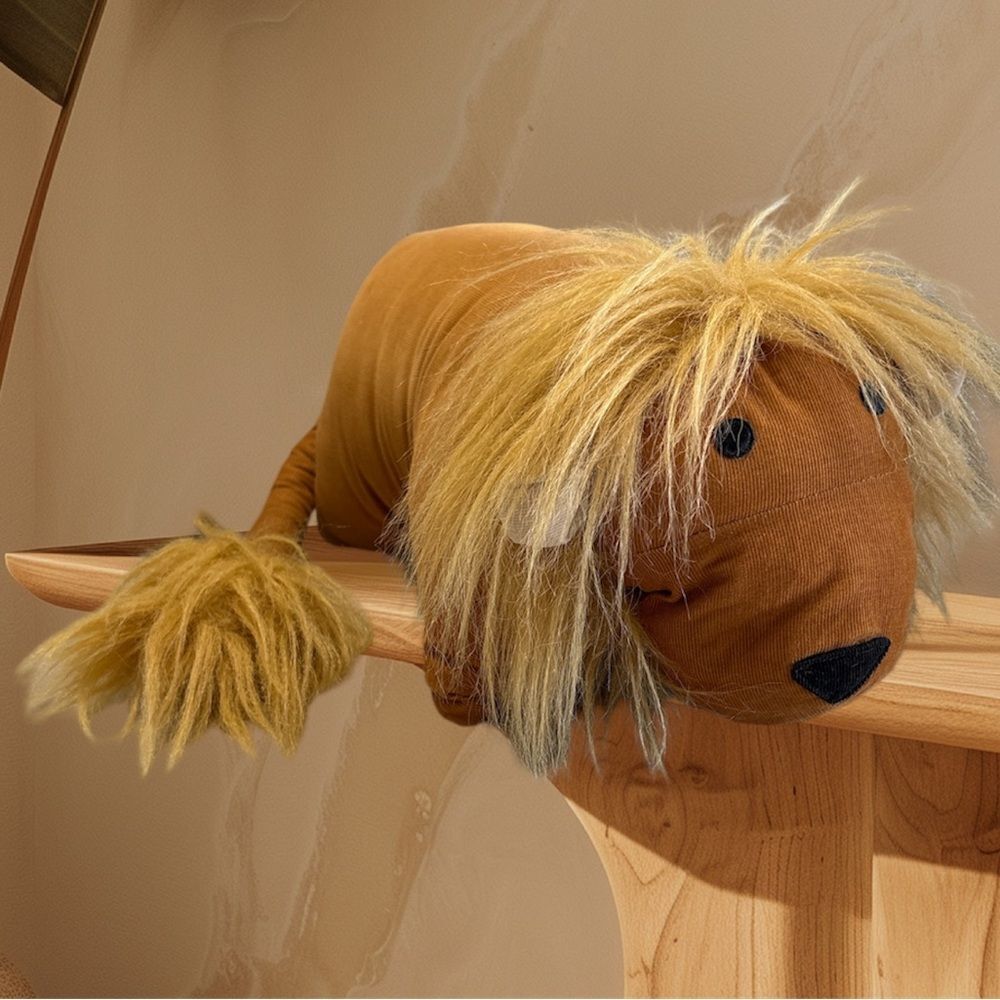 Pier 1 Imports Tan Courderoy Lion Pillow Pet with Furry Mane and Tail 15.5”x12”